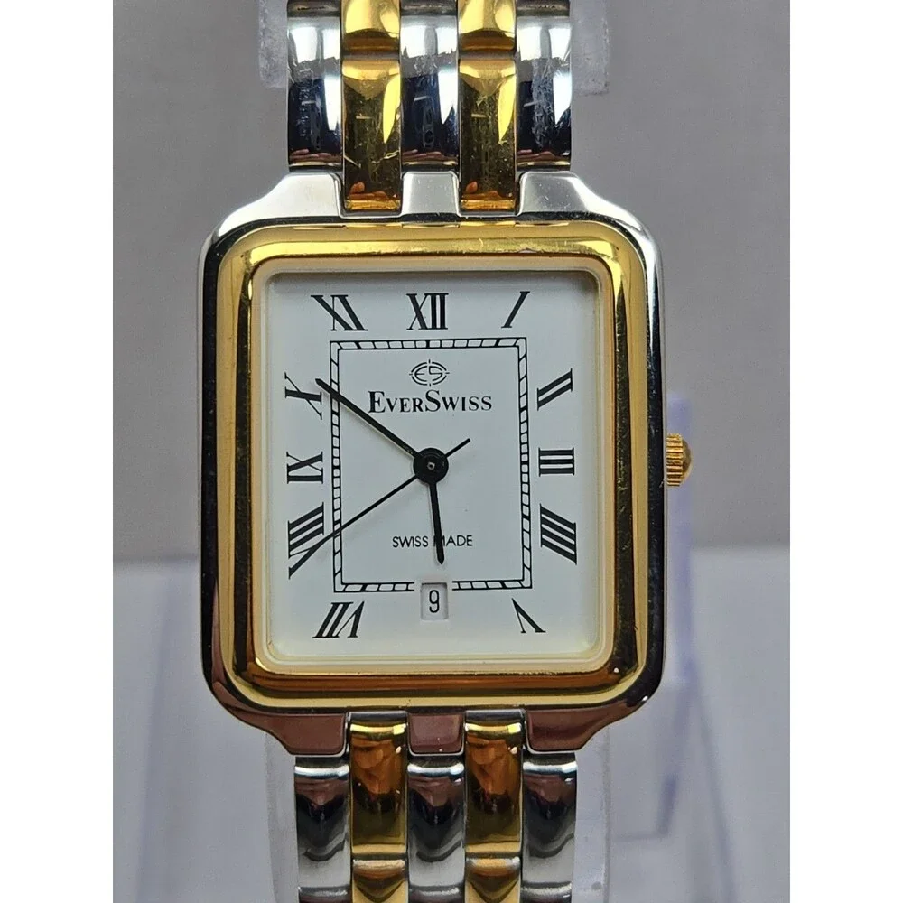 EverSwiss Womens Two Tone Gold Silver Tank 26mm Dress Date Watch New Battery